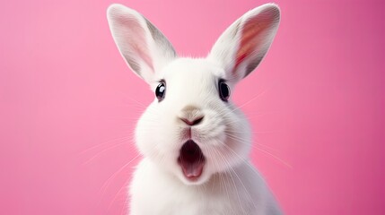 Portrait of a white cute  rabbit with surprised  expression on a pink background,surprised looking rabbit .Generative AI