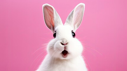 Fototapeta na wymiar Portrait of a white cute rabbit with surprised expression on a pink background,Generative AI