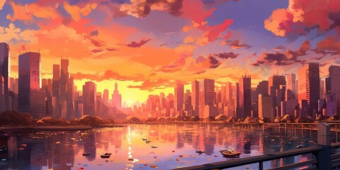  digital illustration of an autumn cityscape at sunset scene showcases a bustling city with tall buildings adorned with colorful autumn decorations  Generative AI Digital Illustration