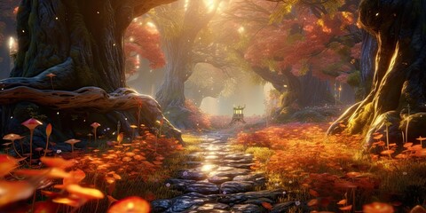 whimsical autumn fairytale forest scene is filled with towering trees adorned with golden leaves and colorful flowers  Generative AI Digital Illustration