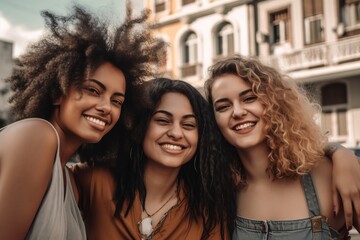 Fototapeta premium Group of multiracial woman standing together in city street.