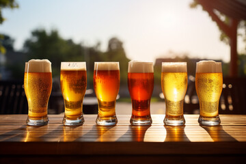 Food and drink concept. Set of drinking glasses filled with various types of beer and placed and rural wooden background with copy space. Generative AI