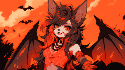 Cute vampire bat girl, fursona, anime character. Created with Generative AI.