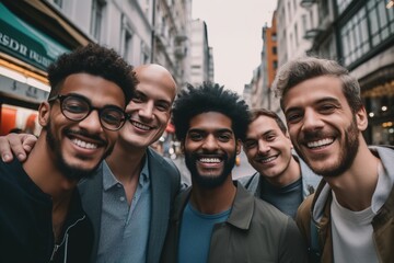 Group of multiracial man standing together in city street