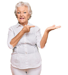 Obraz premium Senior grey-haired woman wearing casual clothes amazed and smiling to the camera while presenting with hand and pointing with finger.