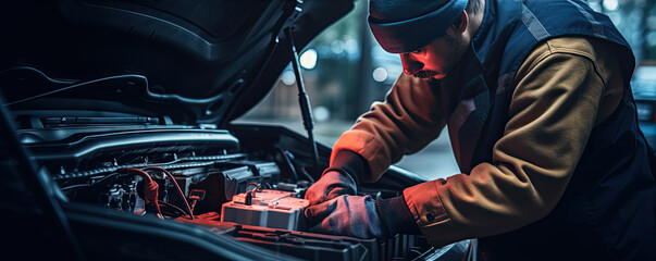 Car mechanic hands working on broken engine.