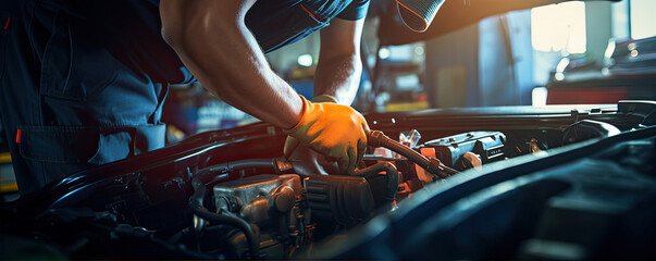 Car mechanic hands working on broken engine.