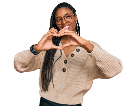 African american woman wearing casual clothes smiling in love doing heart symbol shape with hands. romantic concept.