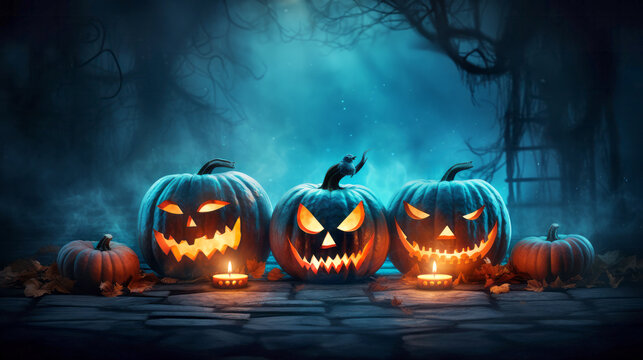 Glowing evil pumpkins in a spooky autumn night with fog. Halloween banner background - Generative AI