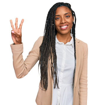 African american woman wearing business jacket showing and pointing up with fingers number three while smiling confident and happy.