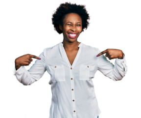 African american woman with afro hair pointing with fingers to herself winking looking at the camera with sexy expression, cheerful and happy face.