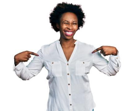 African american woman with afro hair pointing with fingers to herself winking looking at the camera with sexy expression, cheerful and happy face.