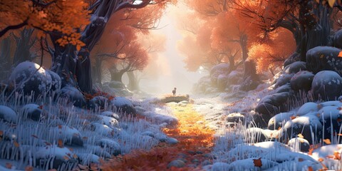 magical autumn forest, drawing  forest is adorned with icy elements, such as crystallized leaves and shimmering frost  Generative AI Digital Illustration