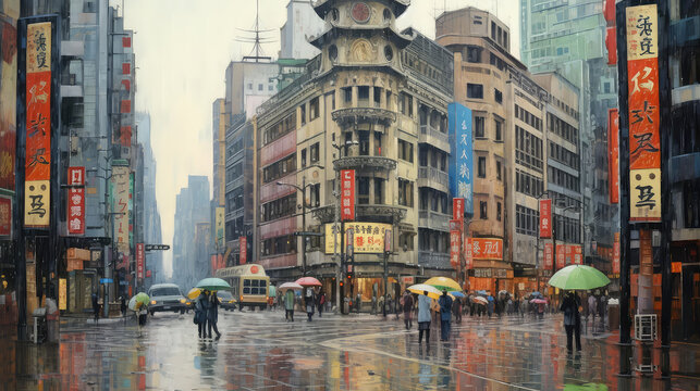 Japan's Osaka in a rainy weather. Original oil painting on canvas. (ai generated)