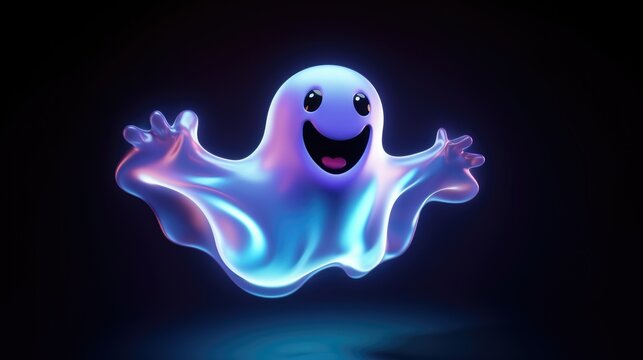 
Halloween neon ghost on dark background. Generative AI.