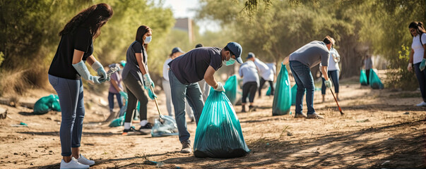 Volunteers cleaning green park from garbage.