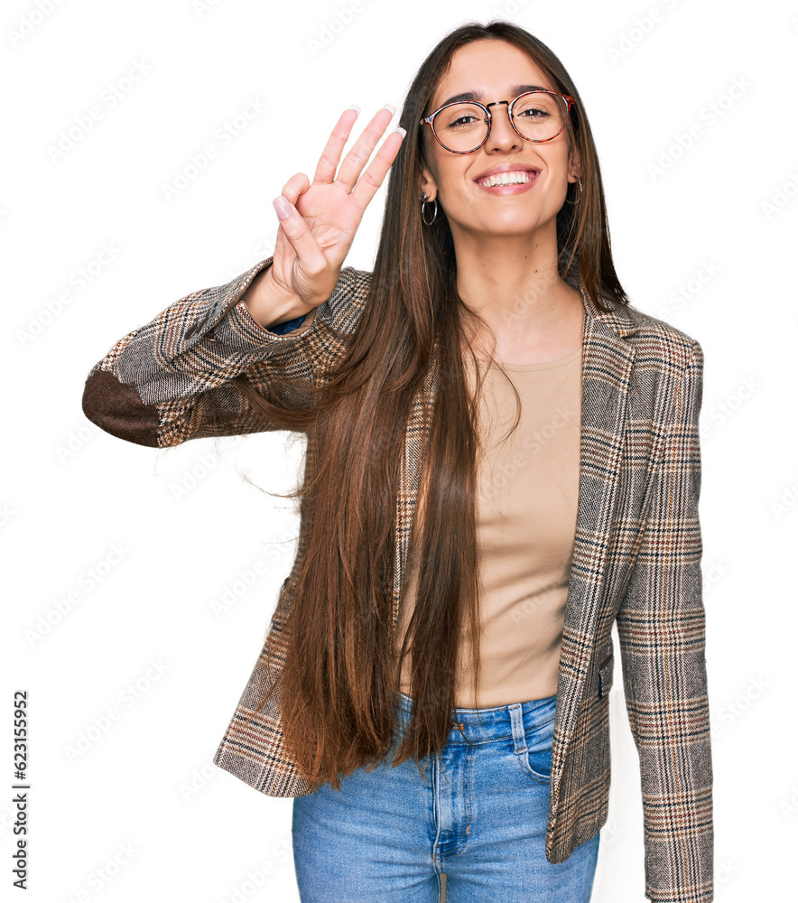 Sticker young hispanic girl wearing business clothes and glasses showing and pointing up with fingers number