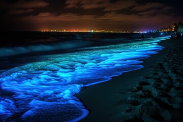 Neon beach. Beautiful sunset. Ocean, neon reflection in water. Fututistic landscape. Generaative ai