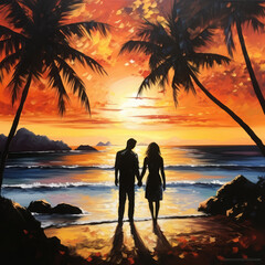 Couple Walking Along Beautiful Beach at Sunset, Ultra-High Resolution Painting