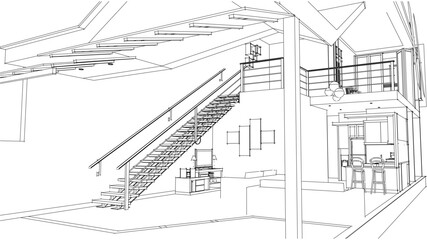 Vector illustration of interior sketch of coffee shop, living room, kitchen and stairs