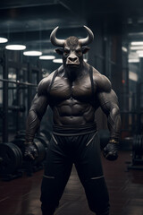 Fototapeta na wymiar fit Buffalo standing at the gym, Powerful Bison flexing muscles at the gym, generative AI