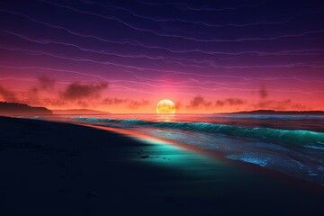 Neon beach. Beautiful sunset. Ocean, neon reflection in water. Fututistic landscape. Generaative ai