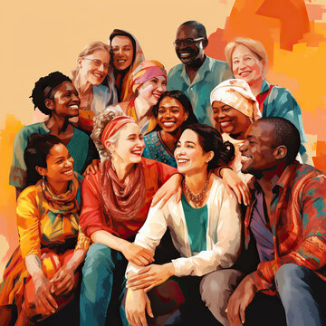 Happy & Diverse Community Working Together, Ultra-High Resolution Painting