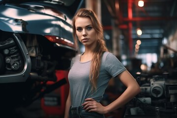 Fototapeta na wymiar Portrait confident female auto mechanic in garage.
