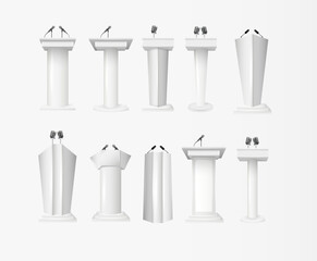 Fototapeta premium White Podium Tribune Rostrum Stands with Microphones. Podium tribune with microphones isolated for business presentation, conference. Vector