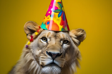 Funny and friendly cute lion wearing a birthday party hat in studio, on a vibrant, colorful background. Generative AI