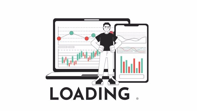 E-platforms for investor black and white loading animation. Stock exchange trader hands on hips outline 2D cartoon character 4K video loader motion graphic. Investment management waiting animated gif