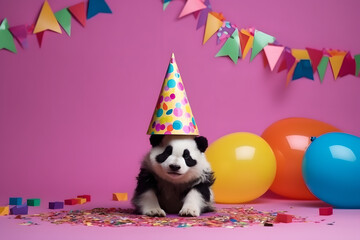 Obraz na płótnie Canvas Funny and friendly cute panda wearing a birthday party hat in studio, on a vibrant, colorful background. Generative AI