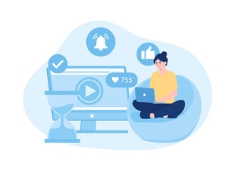 Woman with laptop, time and notifications trending concept flat illustration