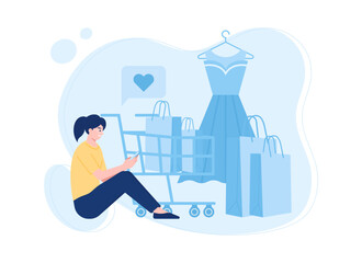 Woman relaxing with shopping bags, basket and clothes trending concept flat illustration