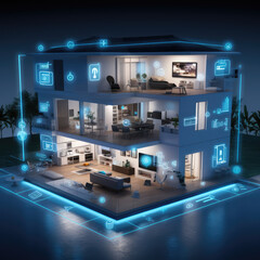 Futuristic Smart Home in Neon Blue, Hyper-Connected, Ultra-High Resolution