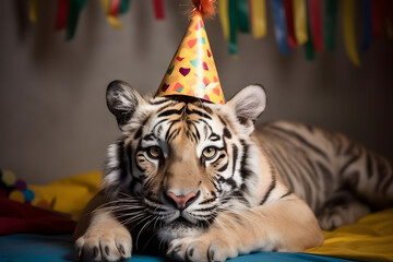 Fototapeta na wymiar Funny and friendly cute tiger wearing a birthday party hat in studio, on a vibrant, colorful background. Generative AI