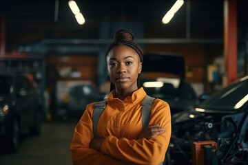 Portrait confident female auto mechanic in garage.
