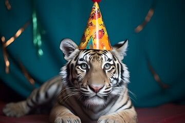 Funny and friendly cute tiger wearing a brithday party hat in studio, on a vibrant, colorful background. Generative AI