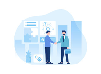 Two people shaking hands with data analyst concept flat illustration