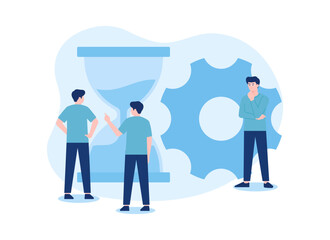 Three people with an hourglass and settings icon concept flat illustration