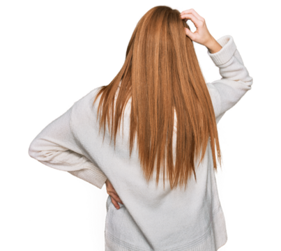 Young irish woman wearing casual winter sweater backwards thinking about doubt with hand on head