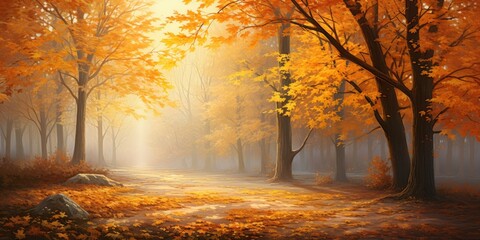 Sunlit Leaves Adorned by the Warmth of the Sun, Set Against a Serenely Blurred Backdrop of Trees. This Fall Background Creates a Magical Scene, Where Nature's Brill  Generative AI Digital Illustration