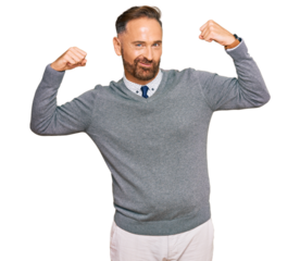 Handsome middle age man wearing business clothes showing arms muscles smiling proud. fitness concept.