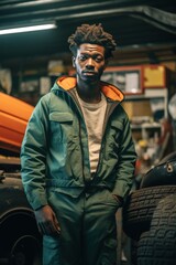 Portrait confident male auto mechanic in garage.