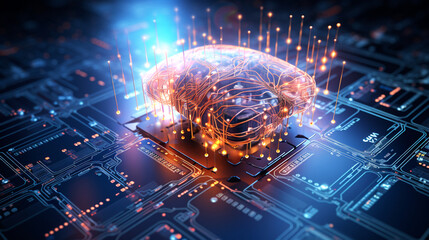leuchtender Computer Chip mit Gehirn als Symbol für Künstliche Intelligenz - obrazy, fototapety, plakaty