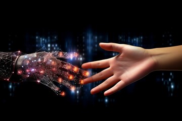 Embracing Technology: Human and AI Hands Joining in Futuristic Business Partnership