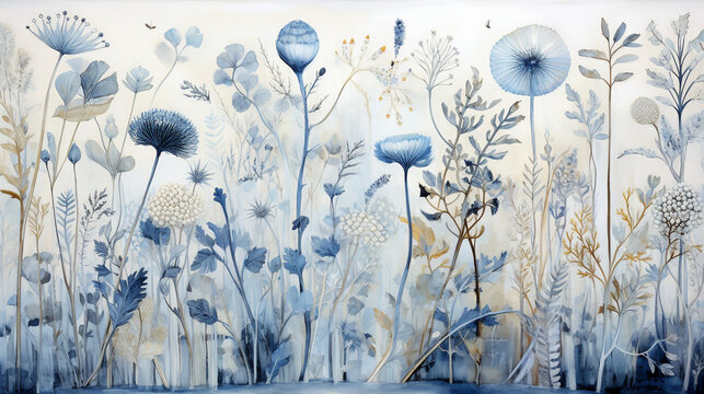 beautiful panel of flowers, herbs in blue