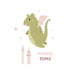 Colorful childish illustration with funny flying dragon and princess castles.