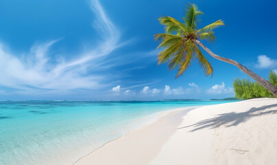 schräg gebogene Palme am türkisblauen Meer mit weißen Sandstrand