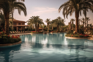 Fototapeta na wymiar Hotel, swimming pool and palm trees. Rest. Generative AI technology.